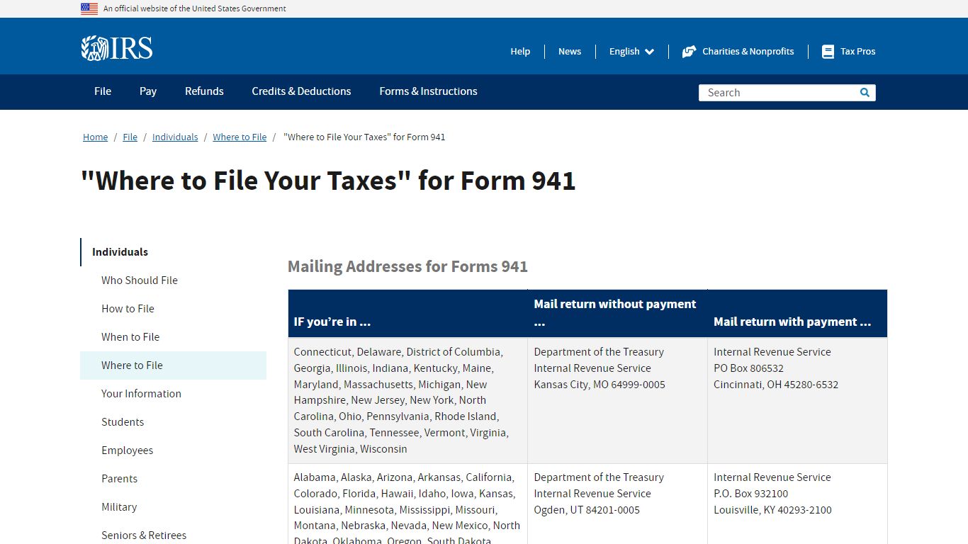"Where to File Your Taxes" for Form 941 - IRS tax forms